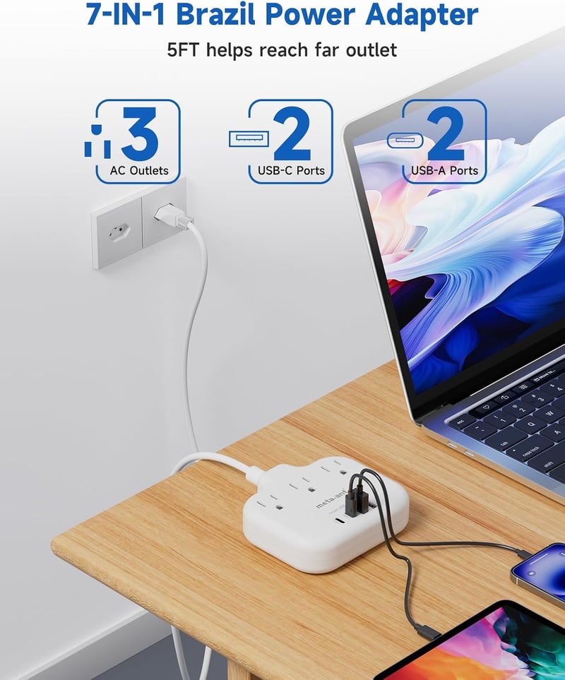 meta-ant Brazil Power Adapter with 5FT Extension Cord, US to Brazil Travel Plug with 3 American Outlets and 4 USB Charger Port(2 USB C), Type N Adaptor for USA to Brazilian Brazil, White - Image 5